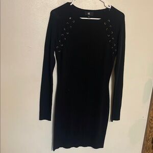 Iz Byer Black Long Sleeve Dress with Eyelet Accents